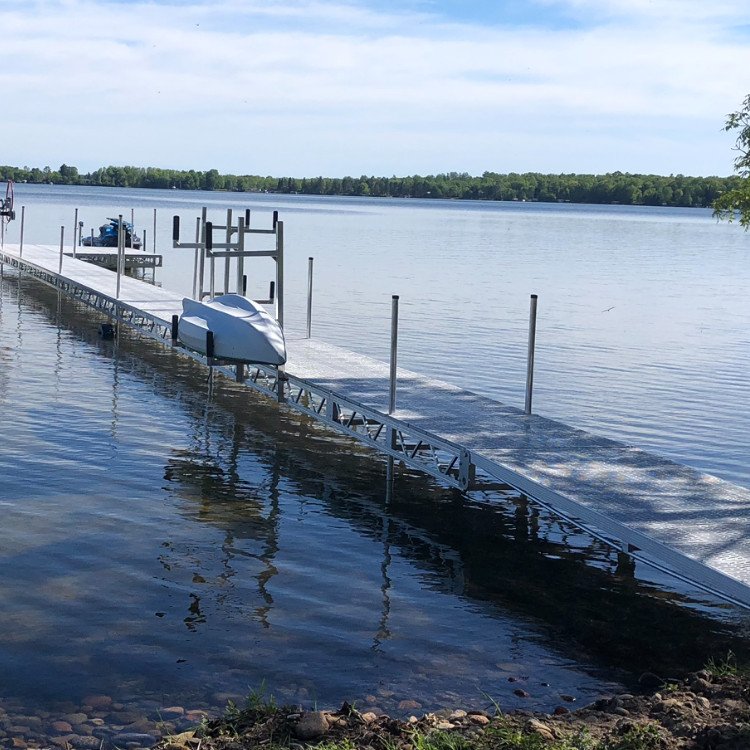 96’ Dock and Shore End Ramp with Kayak Rack